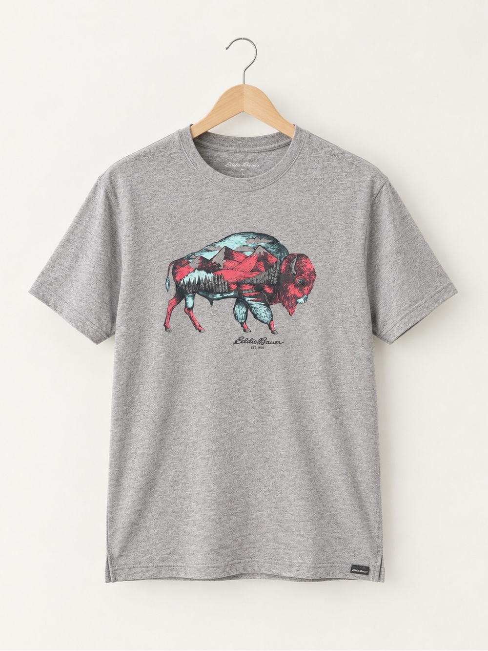 Eddie Bauer Gray Short-Sleeve Tee with Red and Teal Buffalo Graphic